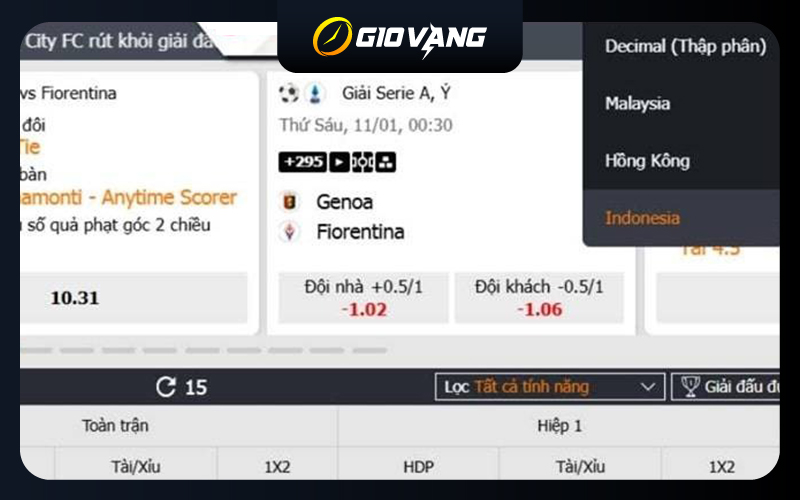 Các dạng kèo cược cược Indo